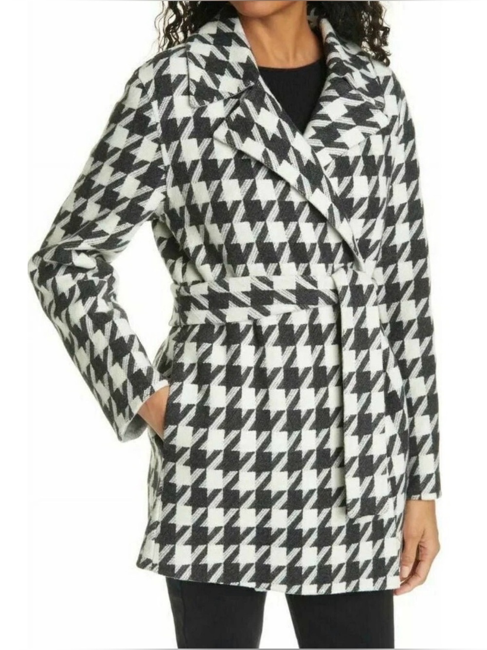 Theory Wool Blend Belted Houndstooth Coat size medium